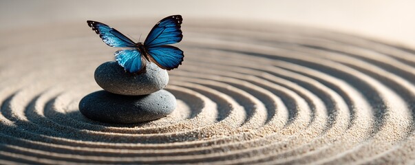 Naklejka premium Serene blue butterfly perched on stacked stones in a peaceful zen garden with intricate sand patterns
