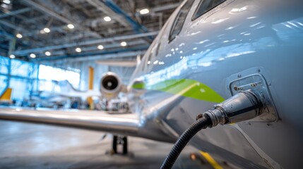 Closeup of a biobased aircraft coating applicator spraying ecofriendly paint on an airplane fuselage highlighting sustainable material use with blurred background of airport