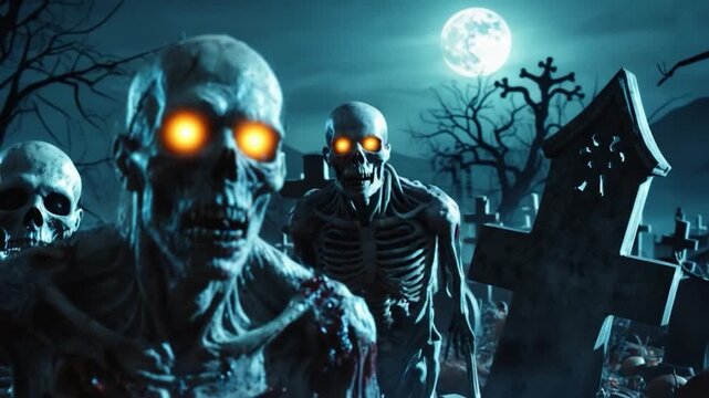Video Group of undead creatures roaming through a nighttime graveyard