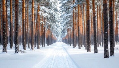 Naklejka premium A beautiful winter scene features snow-covered pine and birch trees along a frozen path in a cold, white nature park under a clear December sky