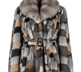 Patchwork fur coat with fox fur collar transparent background cutout png