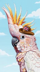 Cute cockatoo wearing hat with Australian flag, side view, colorful pop-art 