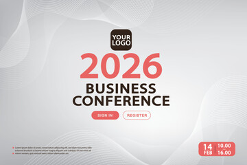 Business conference banner template. Corporate white abstract background with registration button and logo text space. Vector illustration for seminar invitation and event landing page.