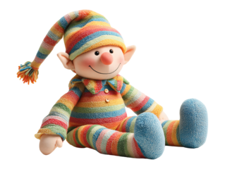 Colorful plush elf toy sitting isolated on transparent or white background, png
