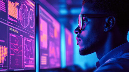 Professional analyzing data on multiple computer screens in a modern tech environment