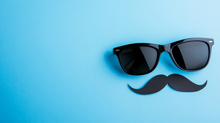 Fun, bold and sophisticated! A pair of sunglasses and a black moustache are placed against a bright blue background that adds a touch of coolness and charm. Great for celebrations.