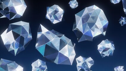 Abstract geometric crystal shapes floating in a dark blue background.