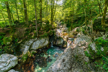 Obraz premium Serene Sunik Waterfalls Hike Along Lepenjica River in Soca Valley Triglav National Park Slovenia