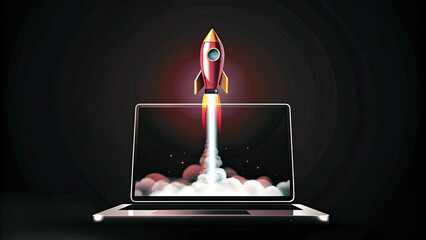 Rocket launching from laptop for startup success concept. A rocket launching from a laptop, symbolizing innovative ideas.