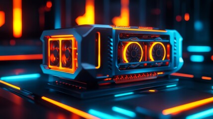 A futuristic device highlighted with neon accents. It is set in a high-tech environment with vibrant colors. Perfect for sci-fi themes. Generative AI