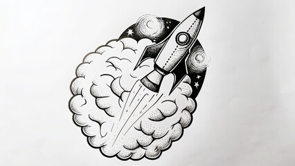 Striking illustration of mind launching rocket concept. A stylized rocket launching through clouds into outer space.
