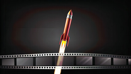 Rocket launching from laptop for startup success concept. A vibrant rocket launching from a film strip background.