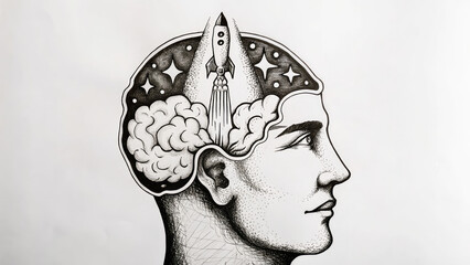 Striking illustration of mind launching rocket concept. Illustration of a mind with a rocket symbolizing creativity.