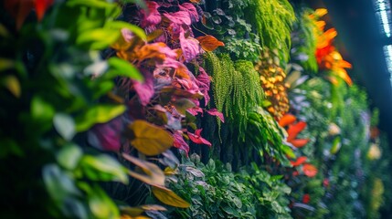 A vibrant display of colorful greenery fills the vertical wall. Lush plants present a stunning natural tapestry in various shades. This eye-catching wall inspires tranquility. Generative AI