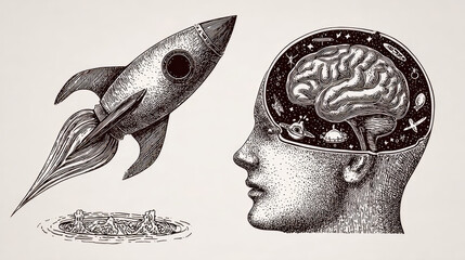 Striking illustration of mind launching rocket concept. Imaginary illustration of a brain with a rocket launching.