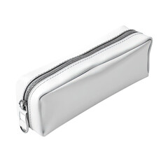 White, rectangular pencil case with gray zipper on a dark background
