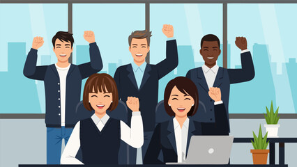 A diverse group of business professionals celebrating a successful achievement in an office setting.