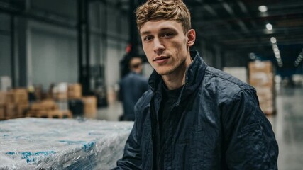 Young warehouse employee stands among pallets and packages symbolizing modern logistics center teamwork and organized storage workflow - Powered by Adobe