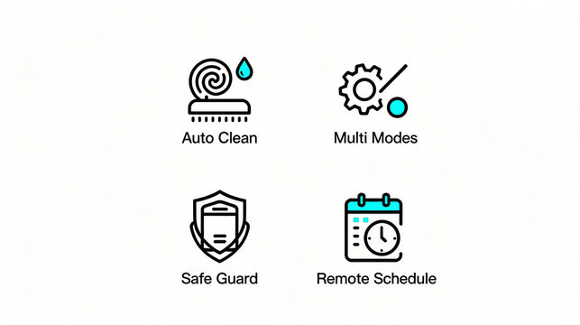 Automatic cleaning, multi-mode and other intelligent home appliance features representing safety protection and remote scheduling, suitable for smart home promotional materials.
