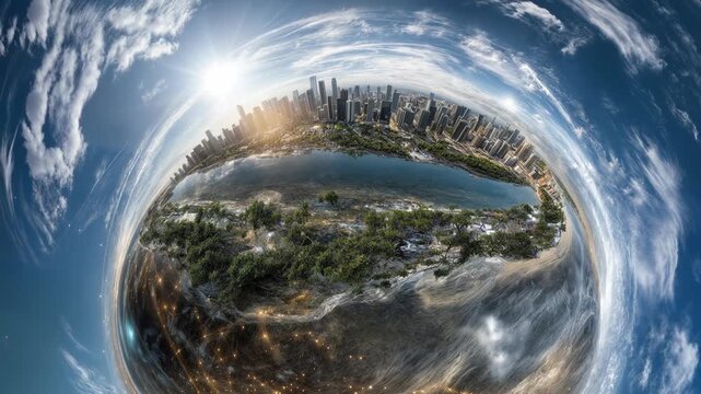 Tiny planet view of city skyline wrapped around lake creating immersive urban landscape and creative travel perspective