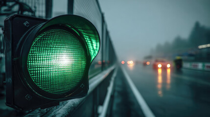 A green race track light shines brightly concept. A green traffic light indicating safe passage in rainy weather.