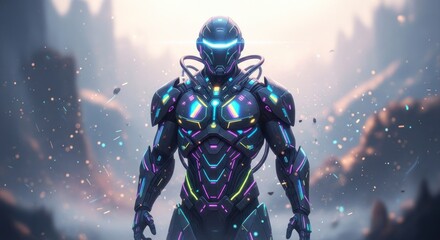 Futuristic robot standing in ruins.