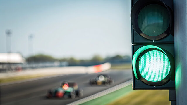 Race begins with green light on blurred racetrack concept. A green traffic light signals go at a race track.