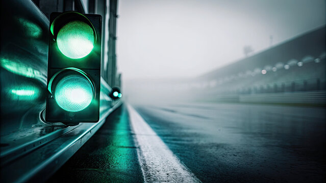 A green race track light shines brightly concept. A vibrant green traffic light signaling the start of a journey.