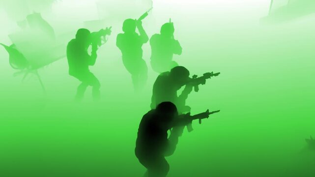 Green-shaded depth map showing tactical personnel in combat-ready positions, kneeling and standing, suited for AI simulation, training environments, and virtual security scenarios.
