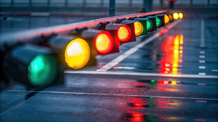 A close-up of illuminated lights on empty track concept. Colorful traffic lights reflecting on a wet urban road surface.