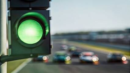Race begins with green light on blurred racetrack concept. Green traffic light signaling the start of a thrilling race.