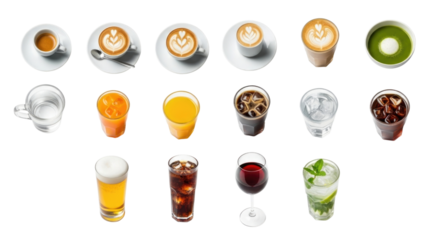 Collection of drinks and coffee transparent background cutout png