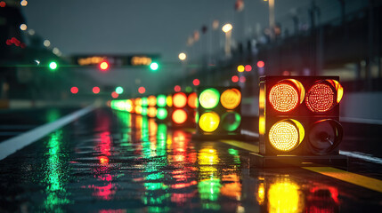 A close-up of illuminated lights on empty track concept. Illuminated traffic lights on a wet racetrack during nighttime.