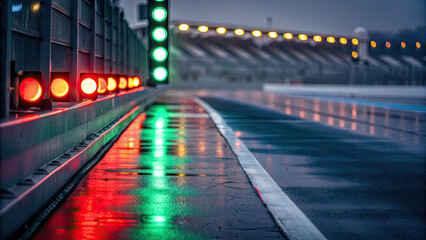 A close-up of illuminated lights on empty track concept. Racing track with illuminated signals reflecting on wet pavement.