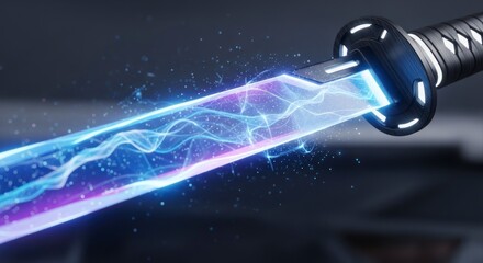 Glowing blue sword with sparks.