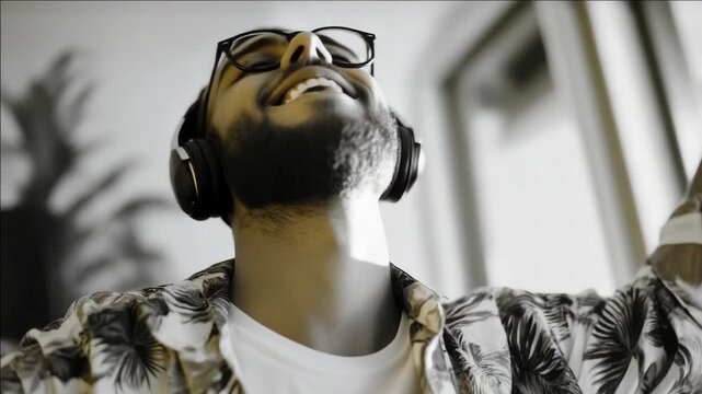 Smiling guy with beard and sunglasses enjoying moment outside