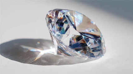 Large clear diamond gemstone on white surface with shadow
