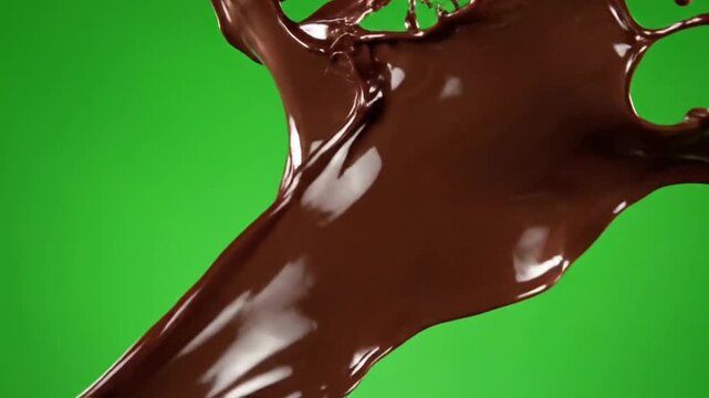 Chocolate splash in slow motion heavy creamy liquid movement rich texture detailed splatter green screen background,