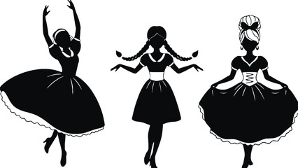 Three stylized female figures in dresses are depicted in silhouette.