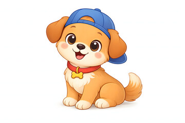 Cute Cartoon Puppy Wearing Cap Illustration Isolated on White Background
