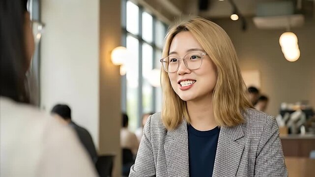 Young professional woman with blonde hair and glasses engages in a lively conversation or business discussion in a bright modern cafe setting