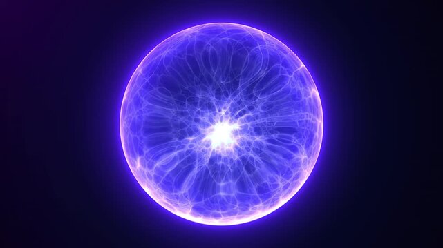 Glowing purple plasma energy orb with electric light streams and smooth particle motion. Futuristic abstract sphere loop for sci fi visuals, technology backgrounds, VJ screens