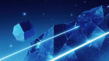 Abstract Blue Geometric Crystals Floating in Space with Neon Light Beams.