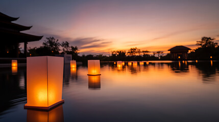 Floating lanterns grace a serene lake under a vibrant sunset sky. Temple silhouettes & golden reflections enhance the tranquil scene. Magical night atmosphere.