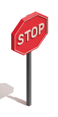 Red stop sign on a pole with shadow on white background