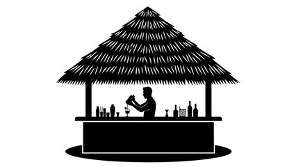 A silhouette of a bartender preparing drinks at a thatched roof bar.