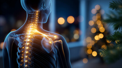 Faceless patient demonstrating shoulder pain location, digital x-ray overlay of cervical and thoracic spine tension, defocused Christmas decorated therapy room with blurred ornamen
