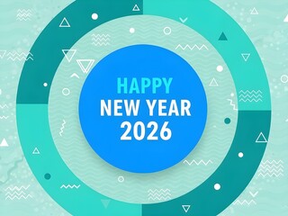 Celebrating the New Year 2026 with a vibrant graphic design featuring circular patterns and geometric shapes
