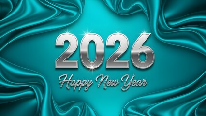 Celebrating the New Year 2026 with elegant silver text on luxurious teal fabric