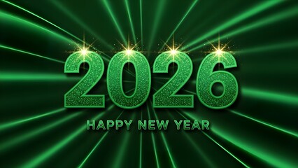 Celebrating the start of 2026 with a vibrant green explosion of light rays and the words Happy New Year
